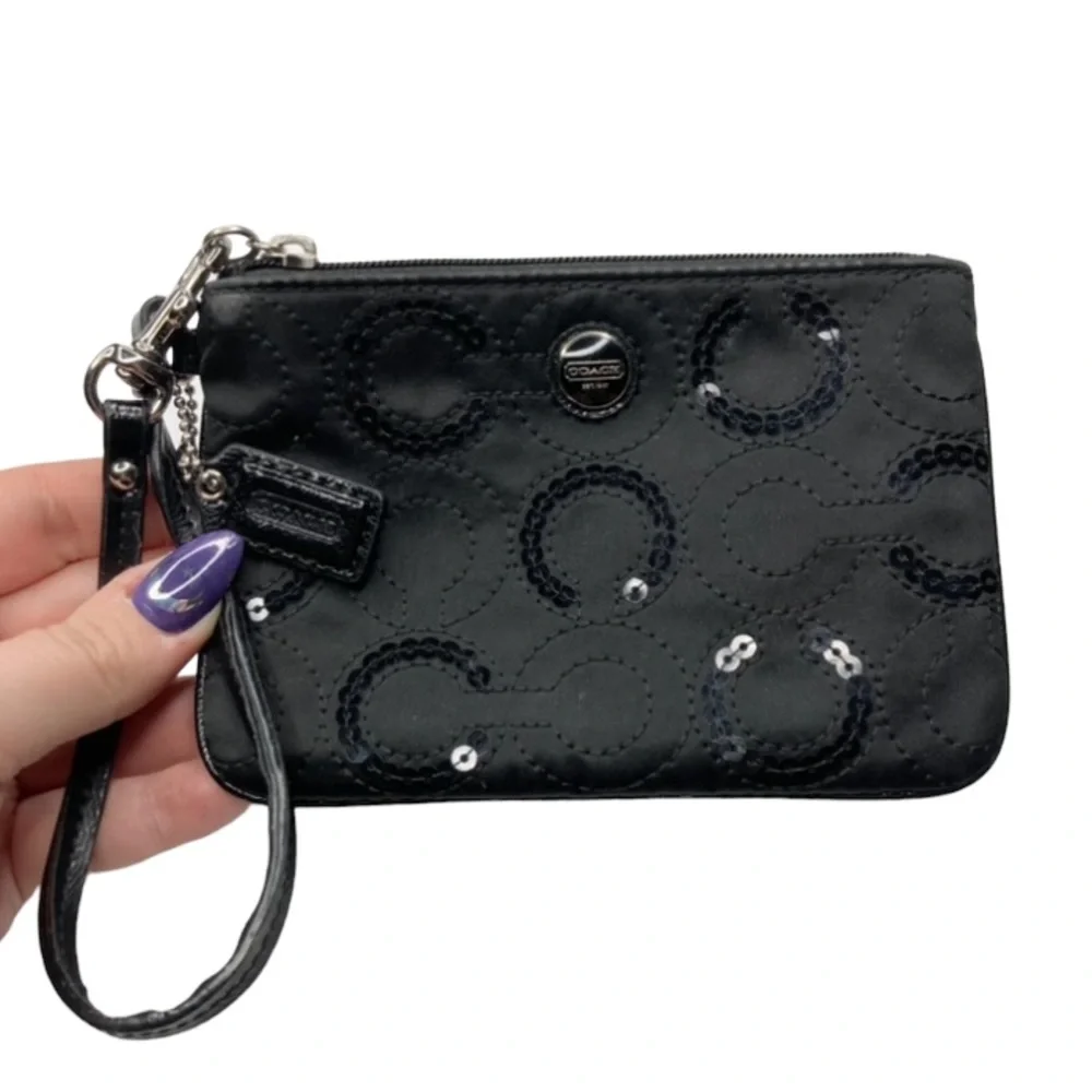 COACH Op Art Black Satin Sequin Signature Leather Sparkly Wristlet